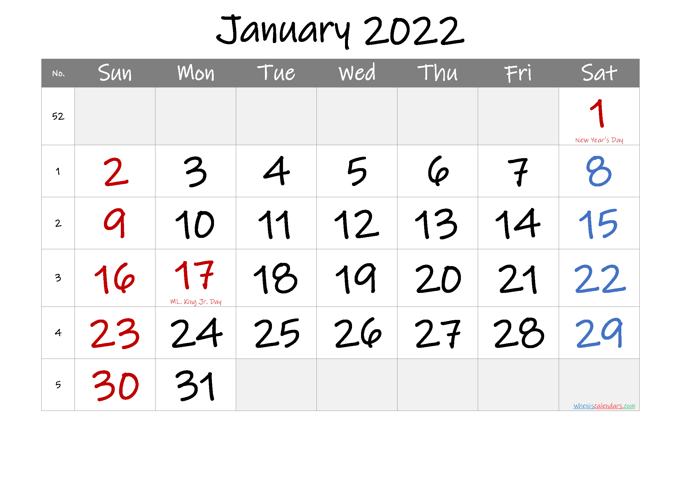 January 2022 Calendar Free Sample Avnitasoni
