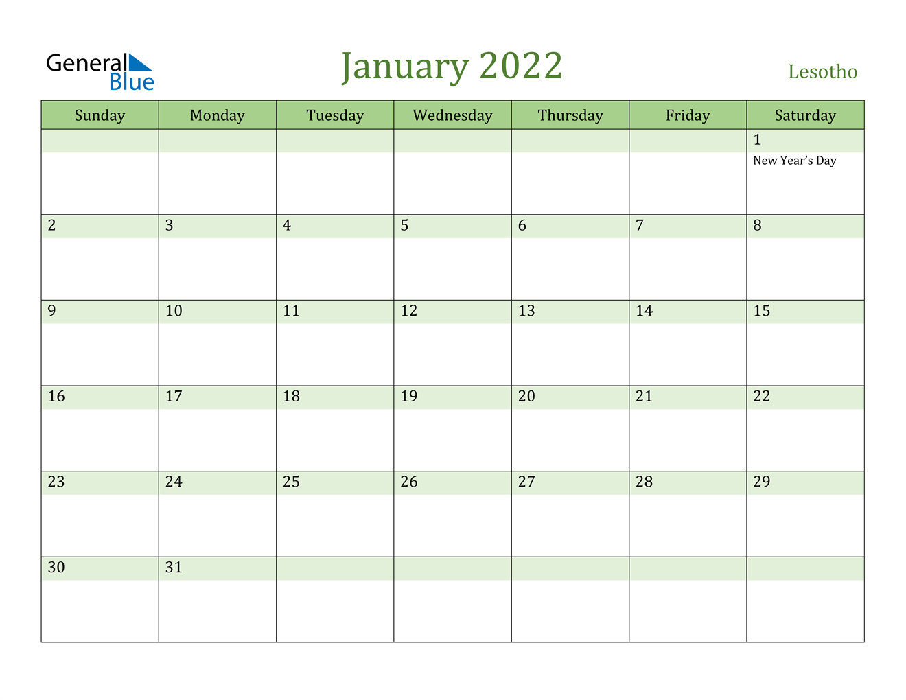 january 2022 calendar lesotho
