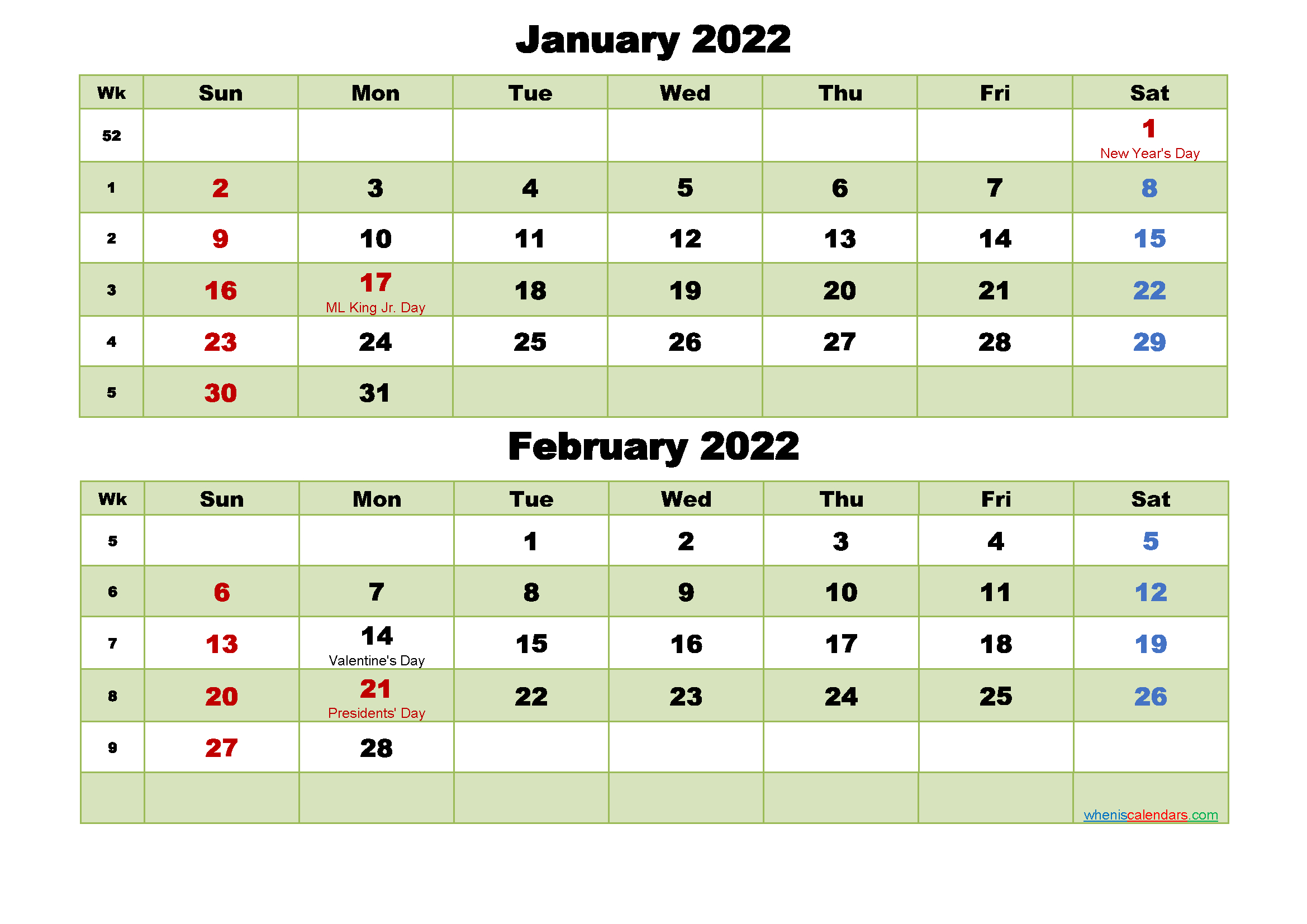 january and february 2022 calendar with holidays