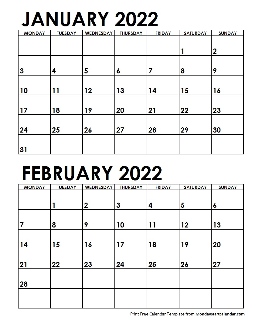 january february 2022 calendar monday start two months