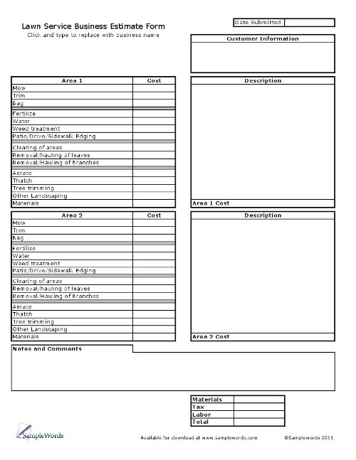 Lawn Service Business Estimate Form Excel Spreadsheet
