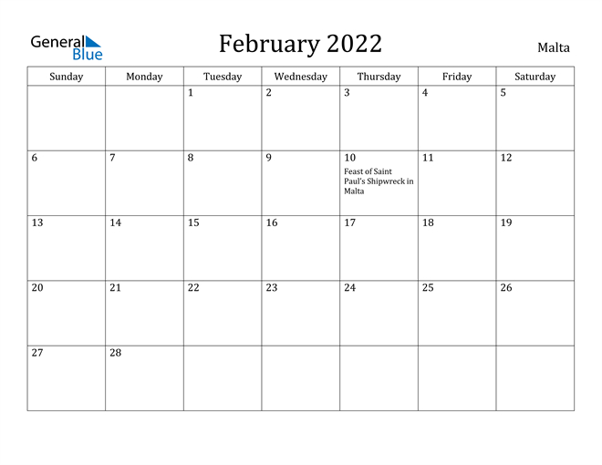 Malta February 2022 Calendar With Holidays