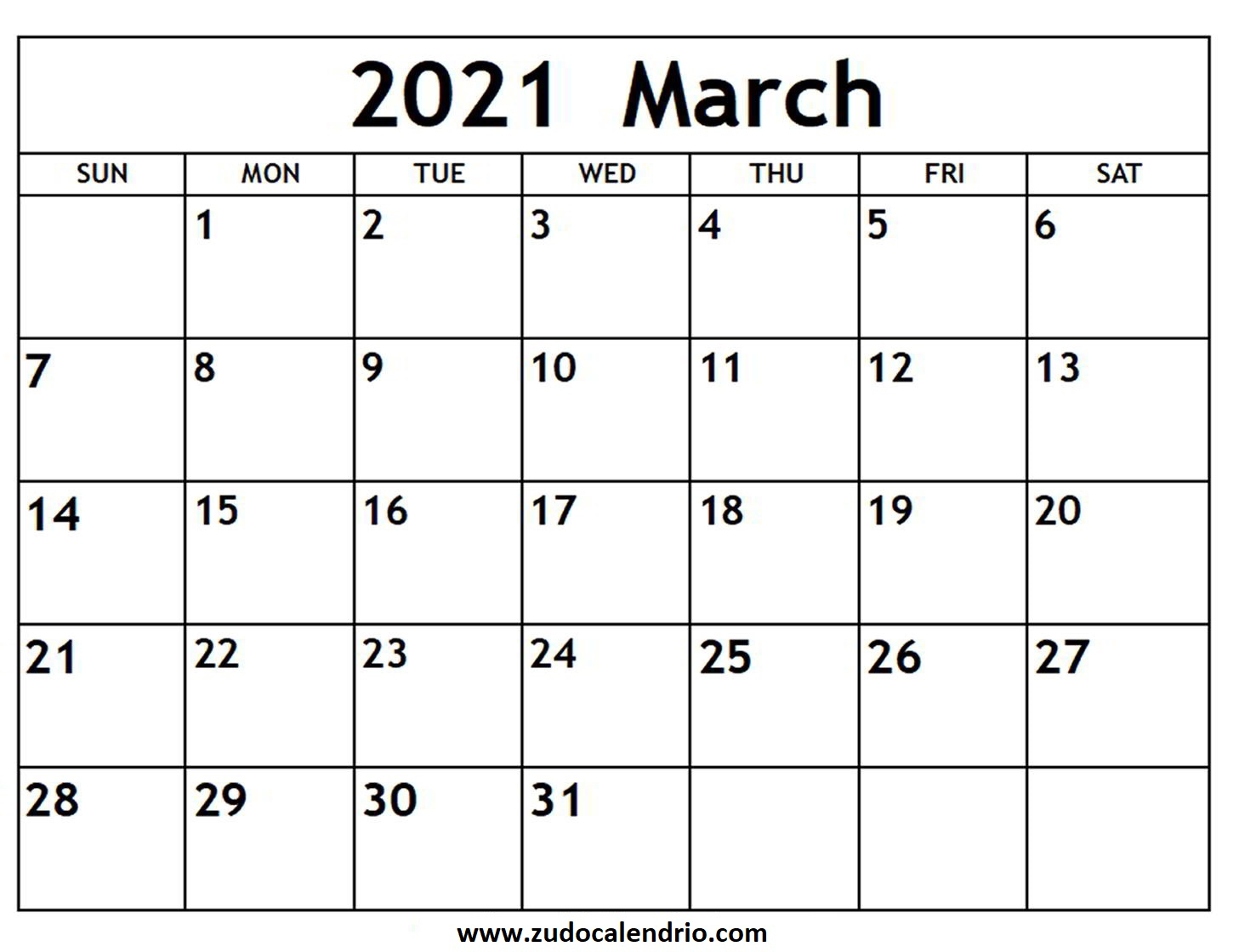 March 2021 Calendar Planner Zudocalendrio