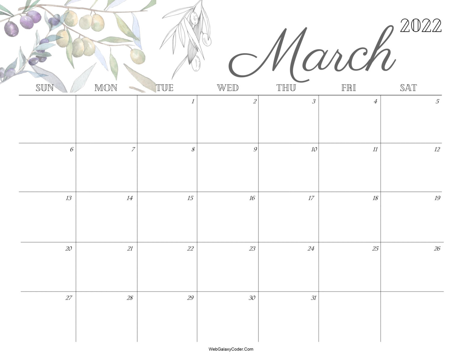 March 2022 Calendar Cute Format Print Now