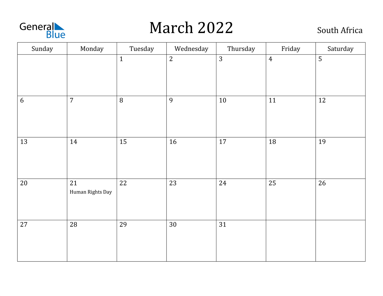 March 2022 Calendar South Africa