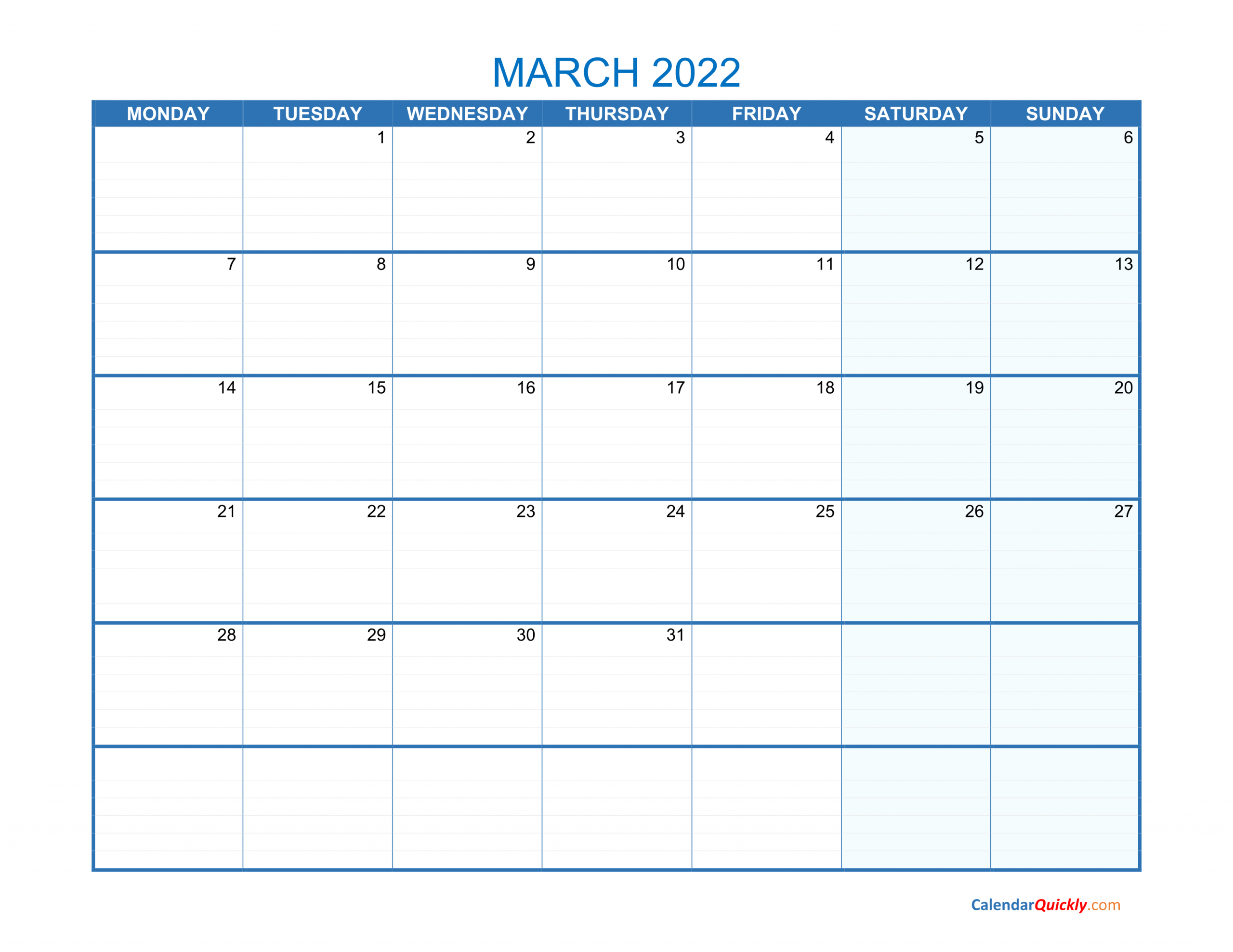 March Monday 2022 Blank Calendar Calendar Quickly 1