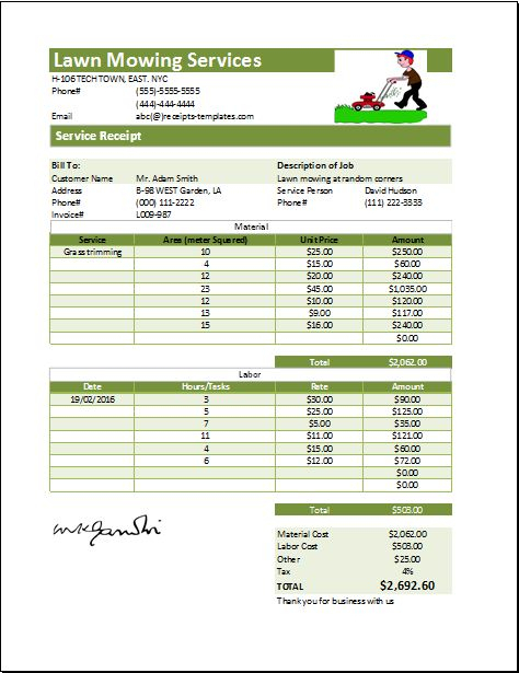 Ms Excel Printable Lawn Mowing Receipt Template Lawn