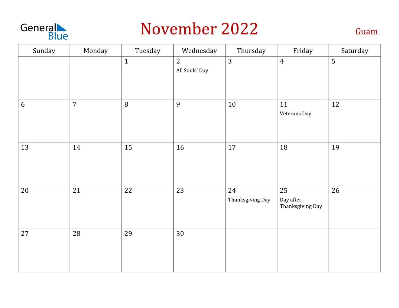 November 2022 Calendar Guam
