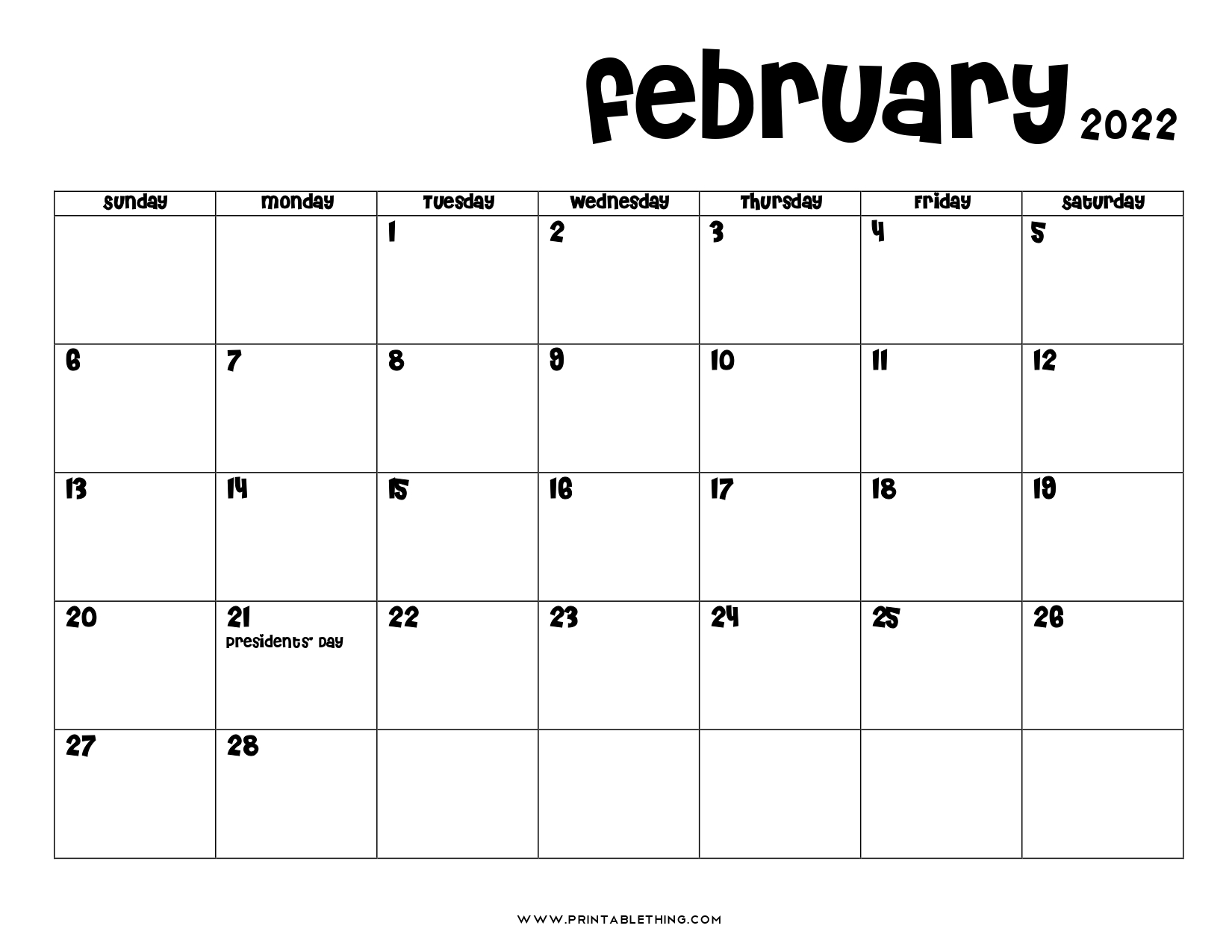 Printable 2021 February 2022 Calendar February 2022 1