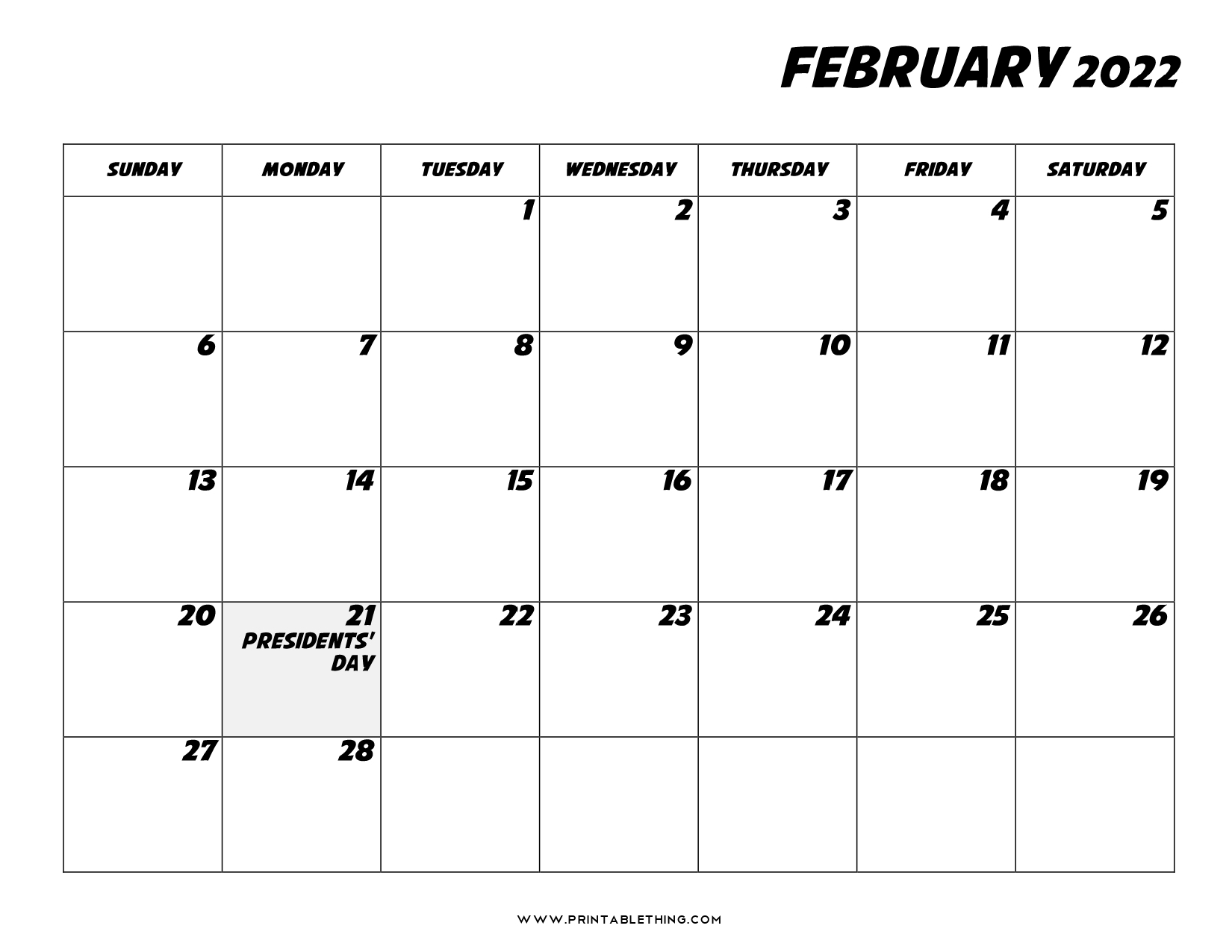 Printable 2021 February 2022 Calendar February 2022