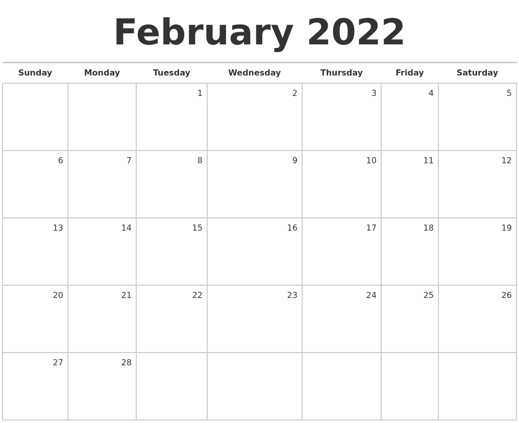 Printable 2021 February 2022 Calendar February 2022
