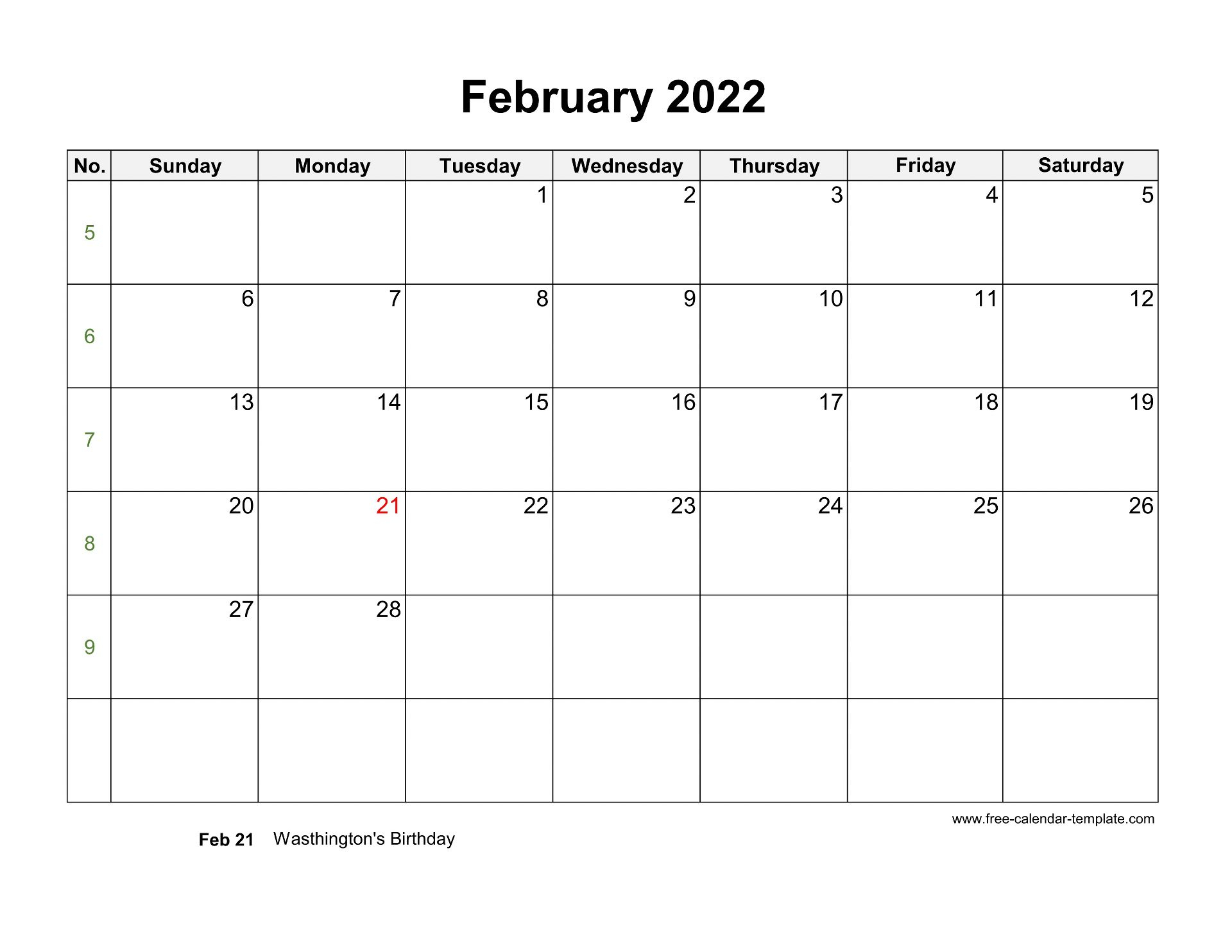 Printable Calendars February 2022 Free Letter Templates 2