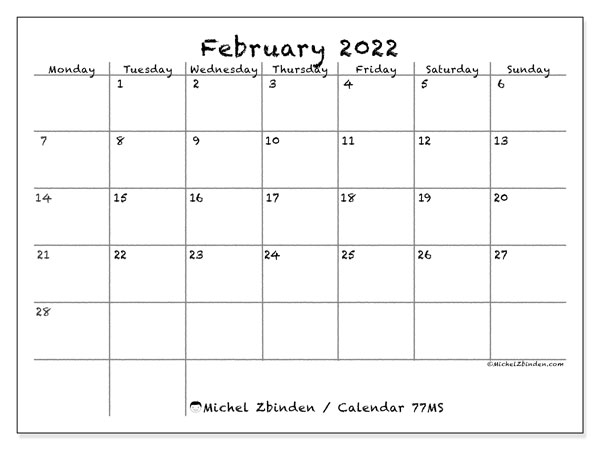 Printable February 2022 77ms Calendar Michel Zbinden En