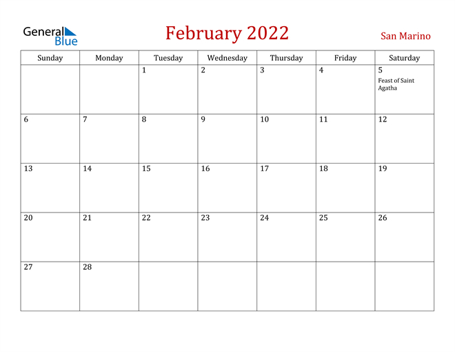 San Marino February 2022 Calendar With Holidays