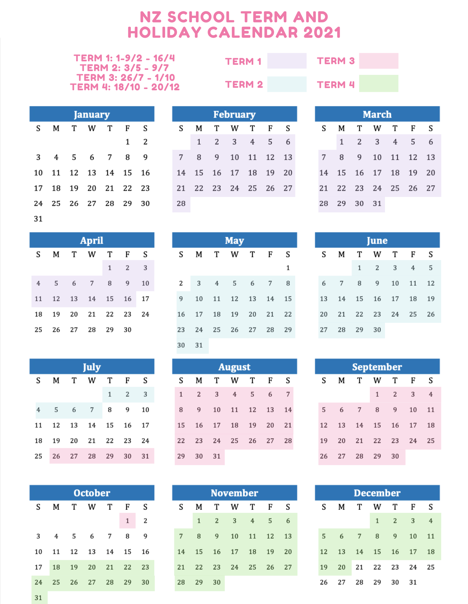 School Terms And Holidays Nz 2021 2022 Printable Calendars