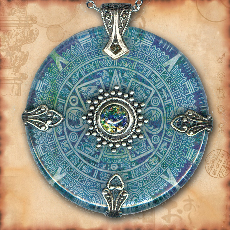 Teal Aztec Mayan Calendar Necklace Reversible Glass Art