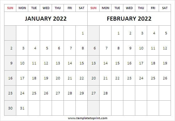 two month jan feb 2022 calendar calendar 2022 print