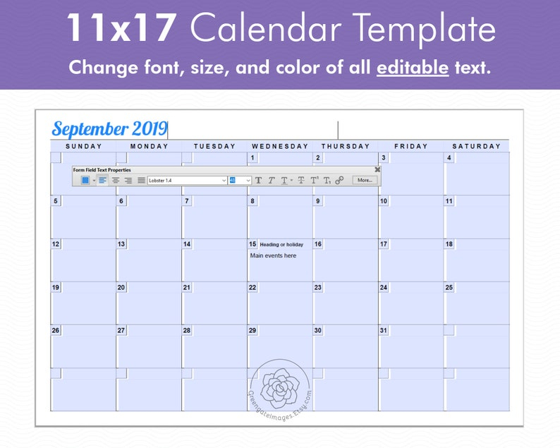 11×17 Calendar Template Editable Landscape Calendar Any Etsy