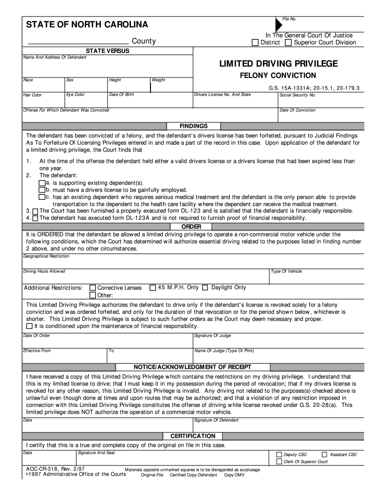 1997 form nc aoc cr 318 fill online printable fillable