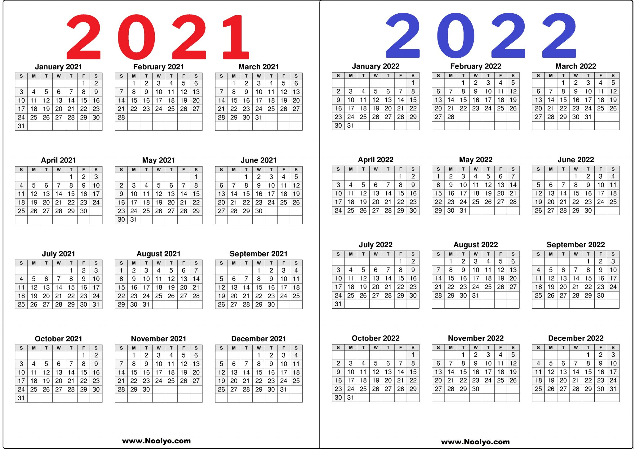 2 Year Calendar 2021 And 2022 Printable Free Noolyo