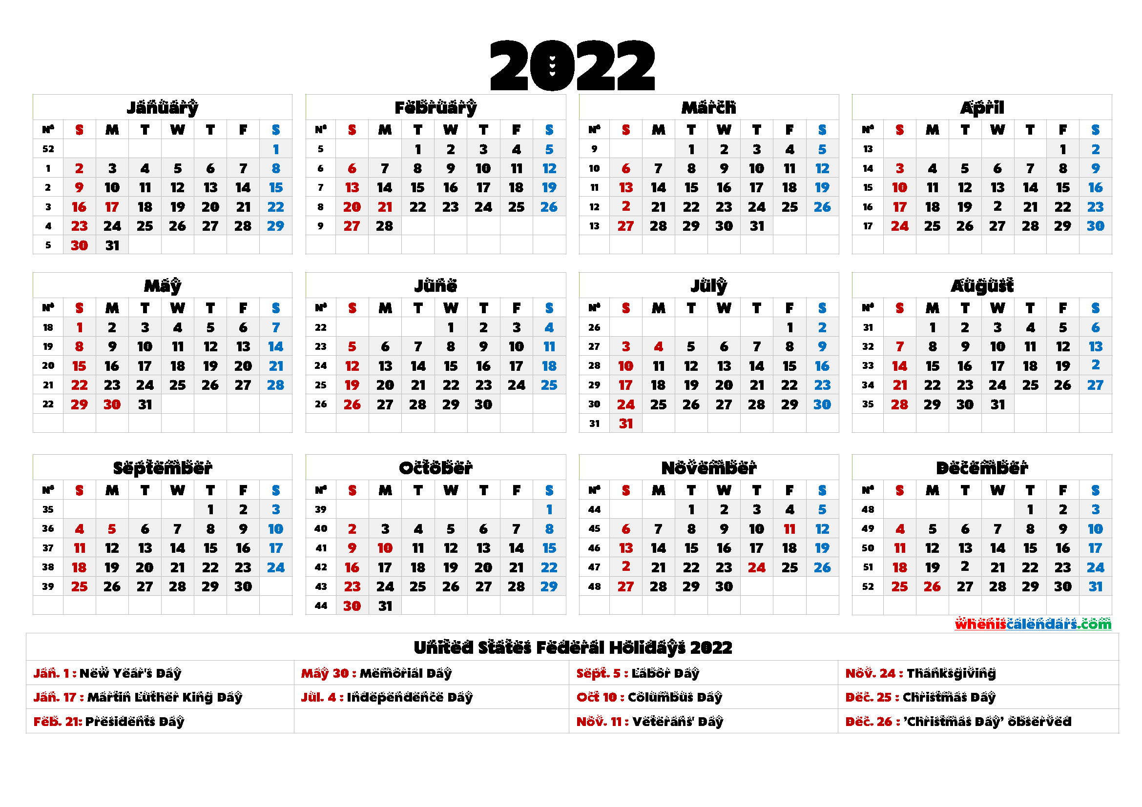 20 2022 Calendar With Holidays Printable Free Download