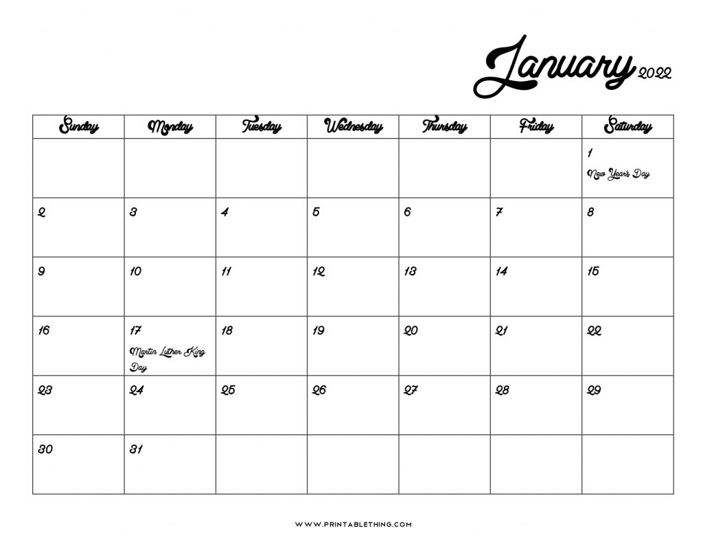 20 printable january 2022 calendar with holidays blank free 2