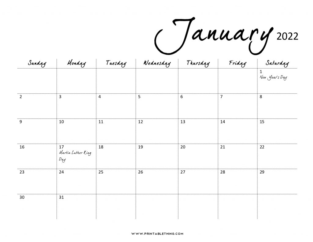20 printable january 2022 calendar with holidays blank free