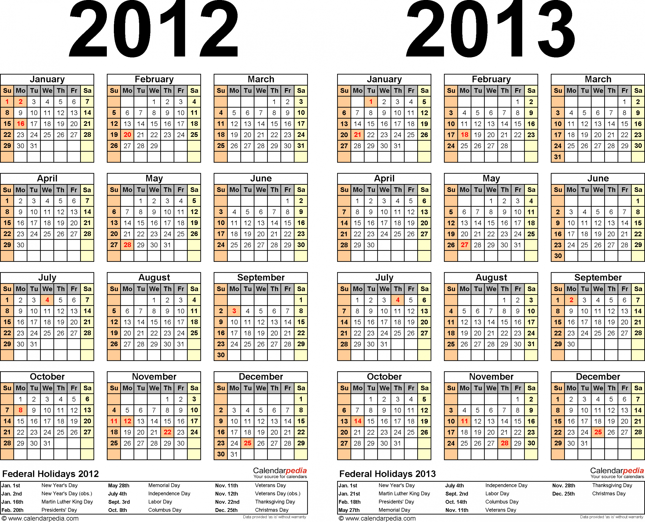 2012 2013 Two Year Calendar Free Printable Word Templates