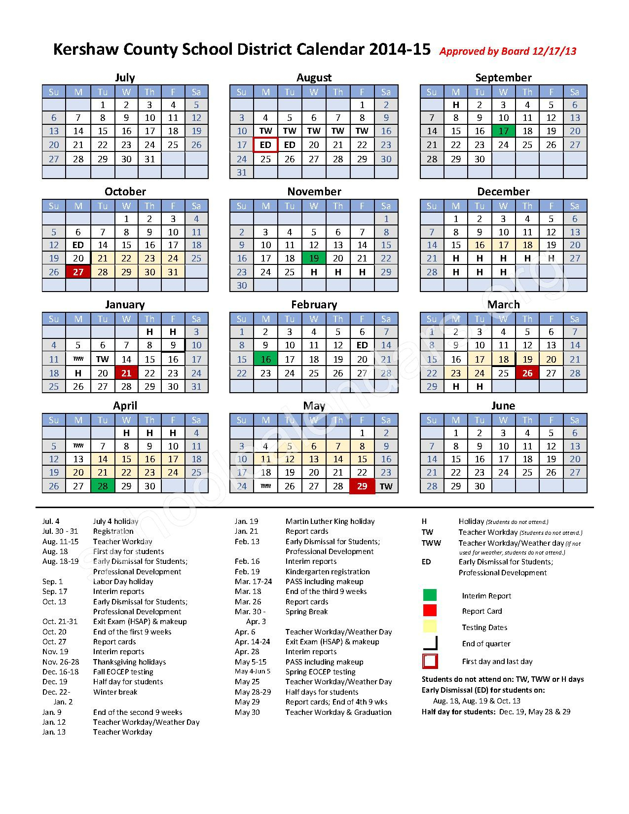 2014 2015 School Calendar North Central Middle School