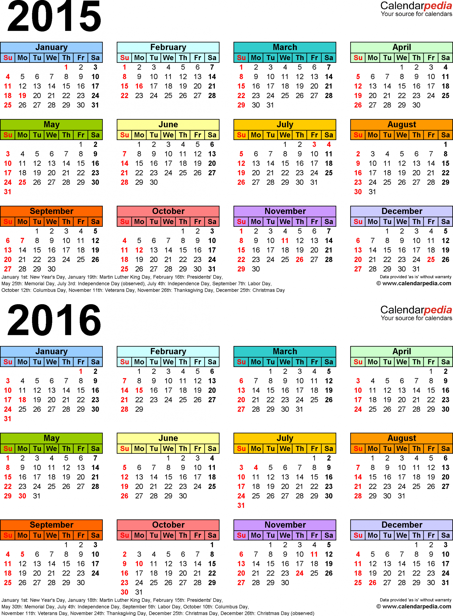 2015 2016 Calendar Free Printable Two Year Word