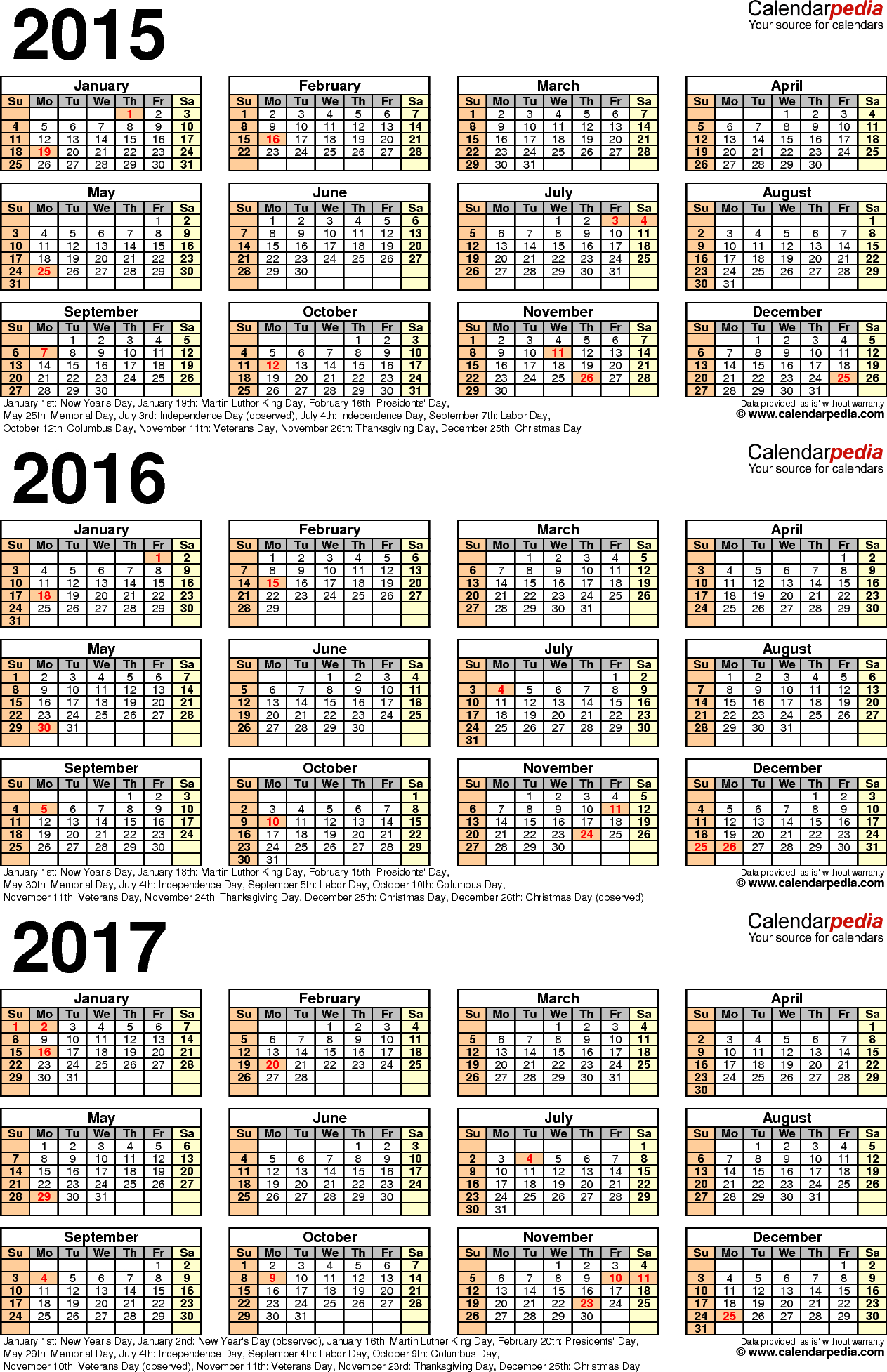 2015 2017 Three Year Calendar Free Printable Excel Templates