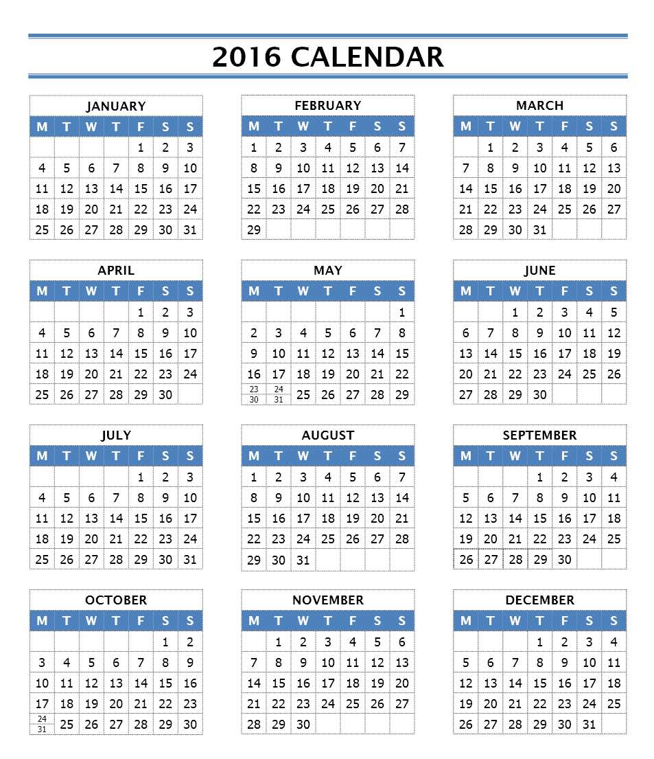 2016 Year Calendar Template