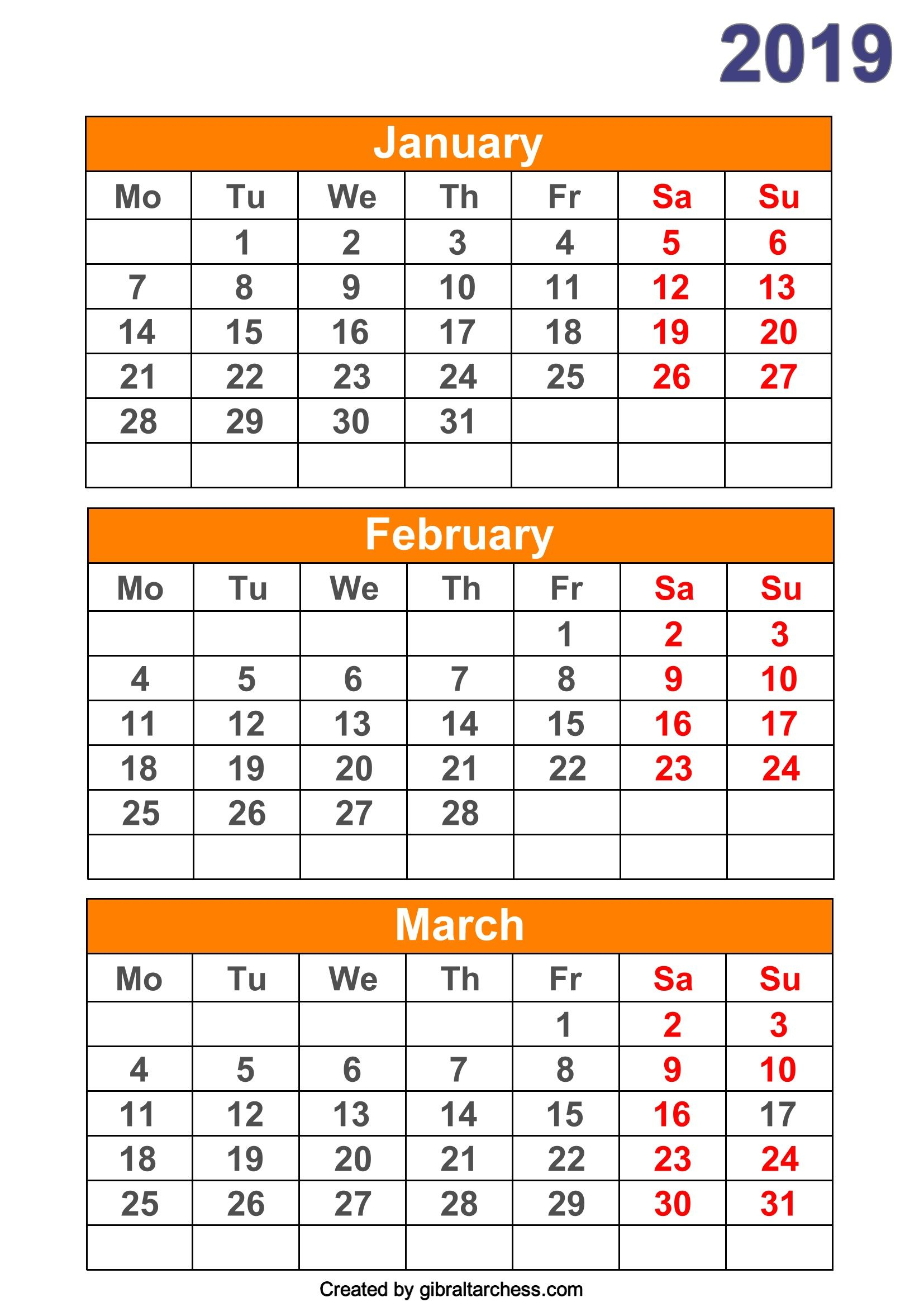 2019 Calendar 4 Months Per Page Printable Calendar