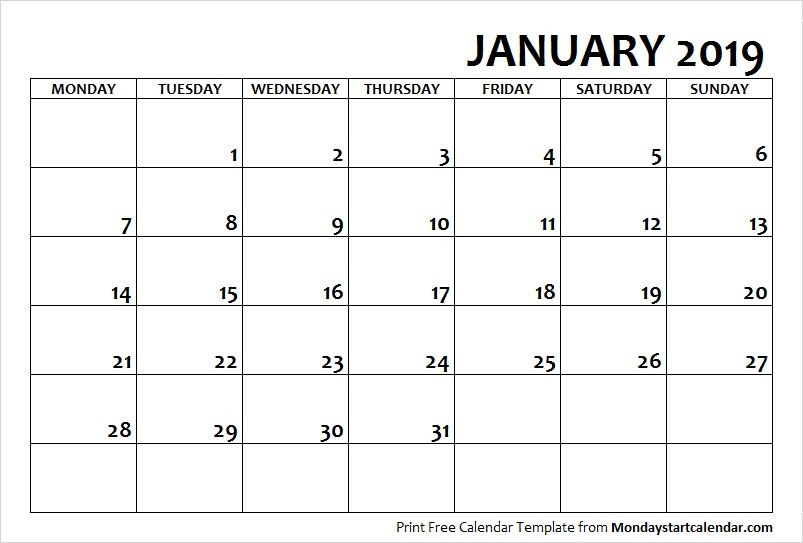 2019 January Calendar Monday Start August Calendar