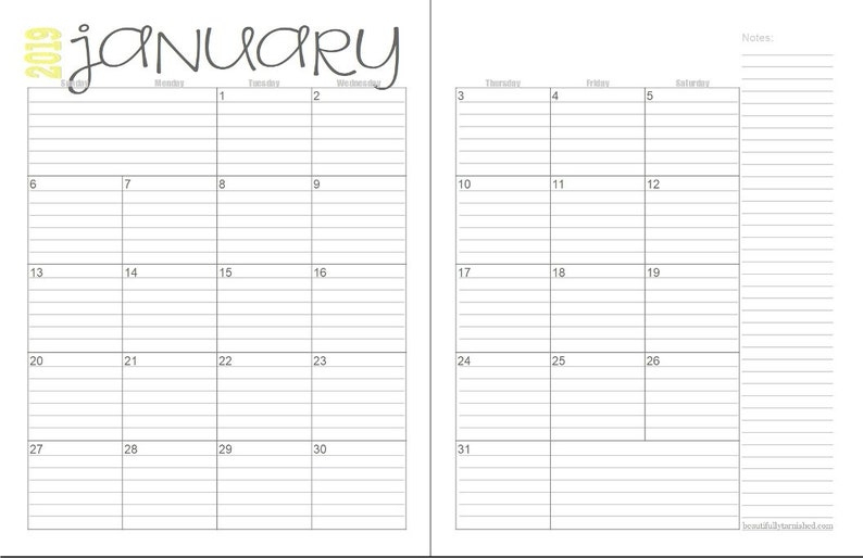 2019 Lined Monthly Calendars 2 Page Layout Full Year