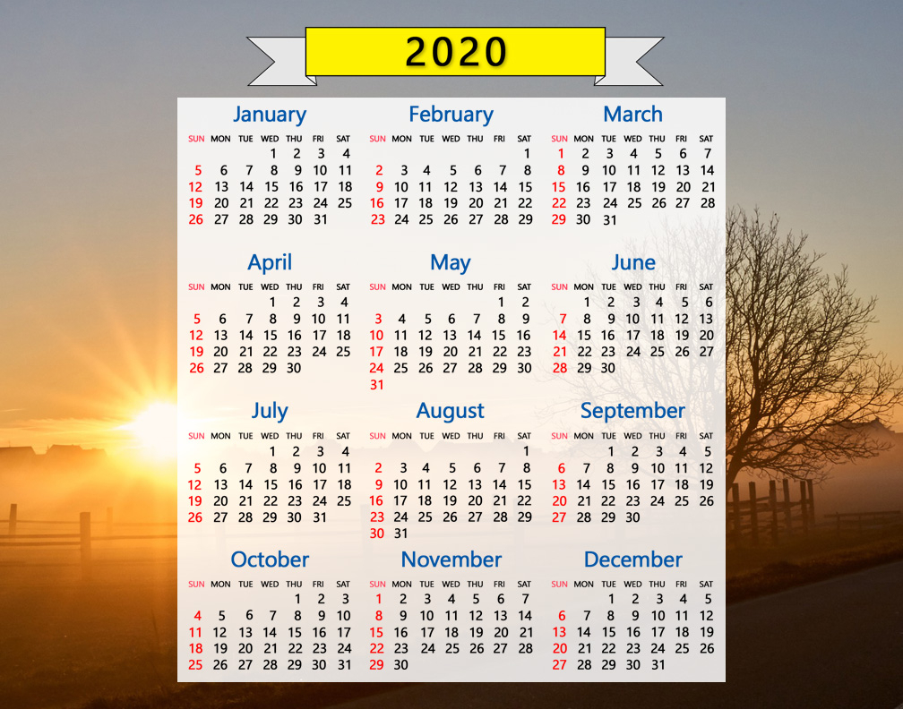 2020 calendar beautiful sunrise sunset field trees