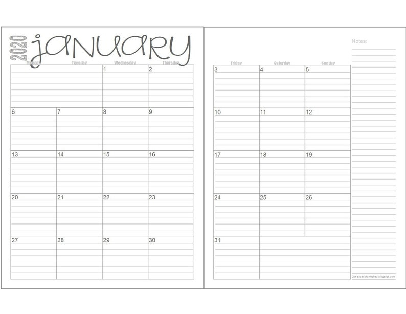 2020 European Monday Start Lined Calendars 2 Page Layout