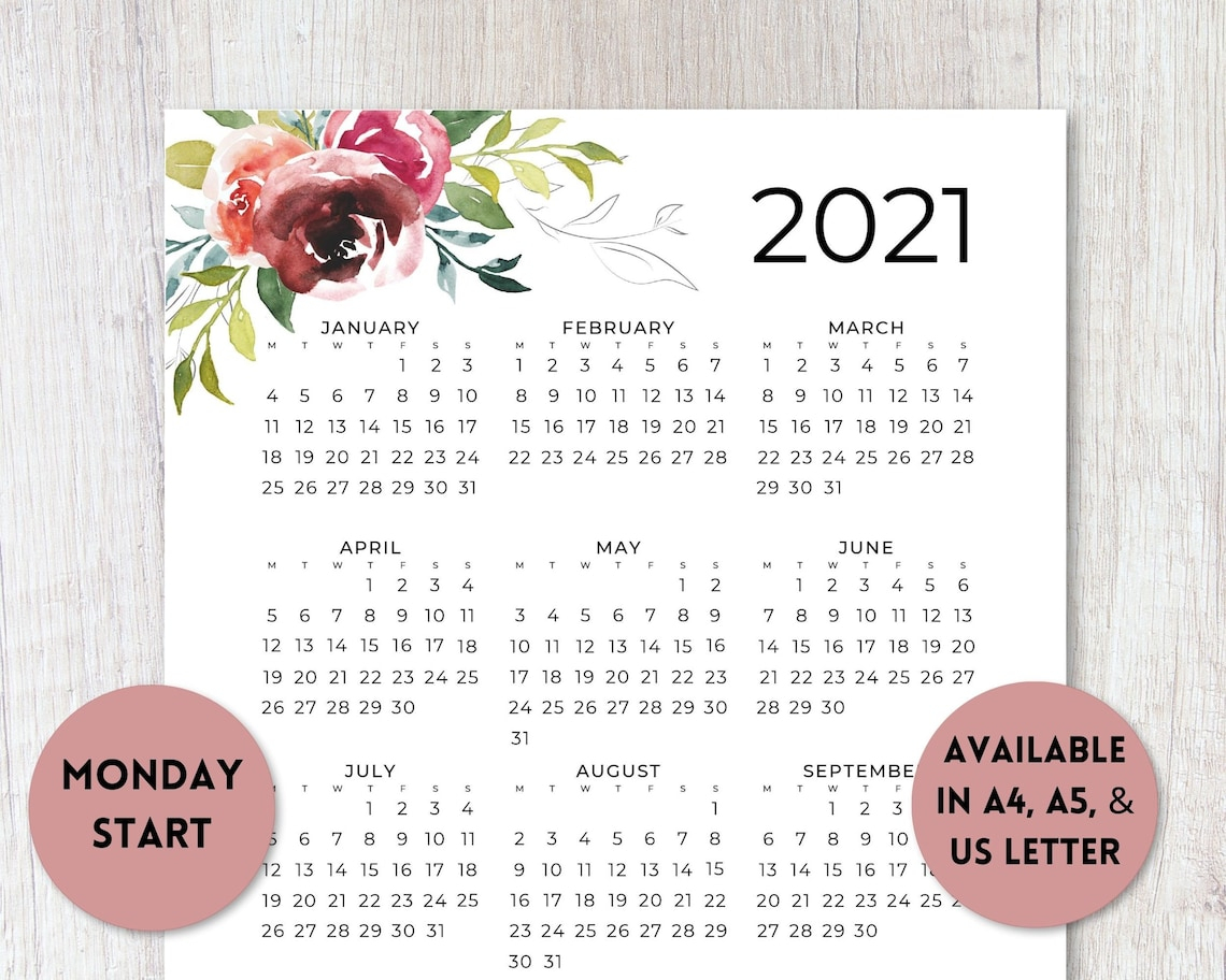 2021 2022 monday start printable calendar watercolor