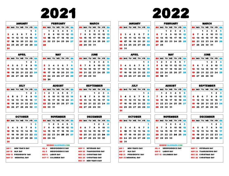 2021 and 2022 printable two year calendar 12 templates