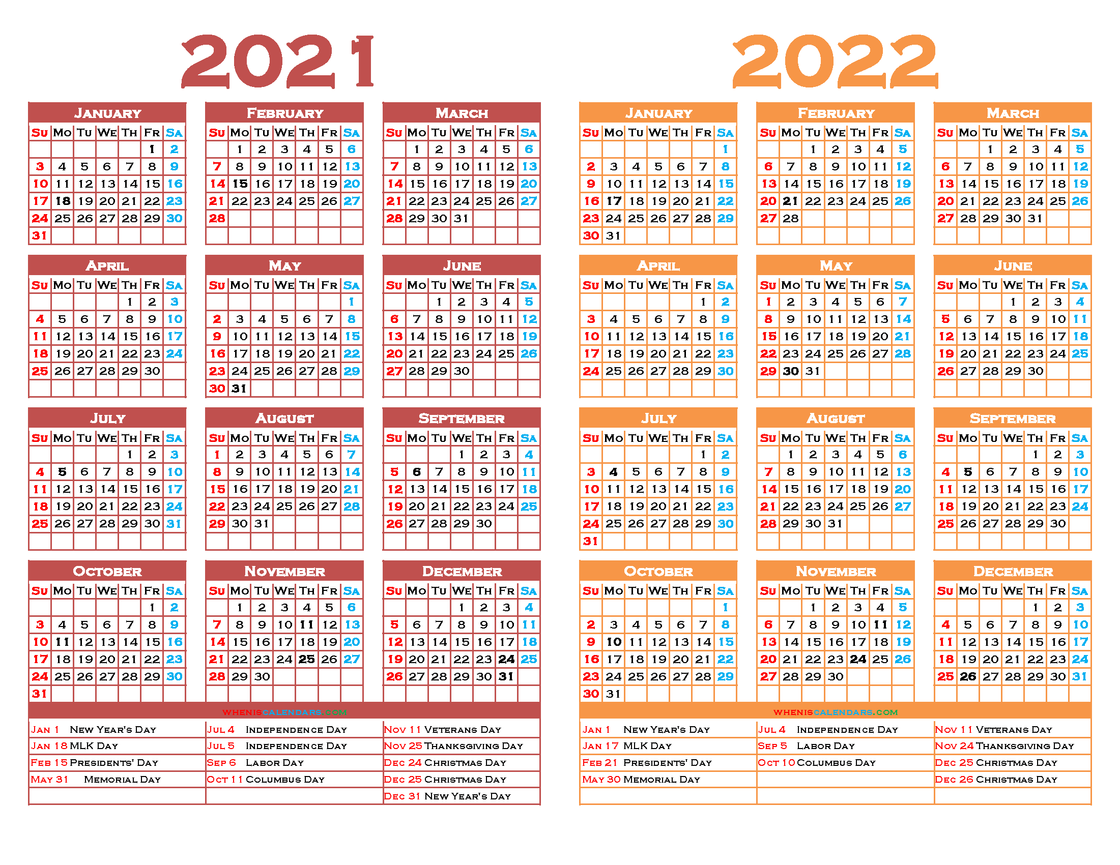 2021 and 2022 printable two year calendar