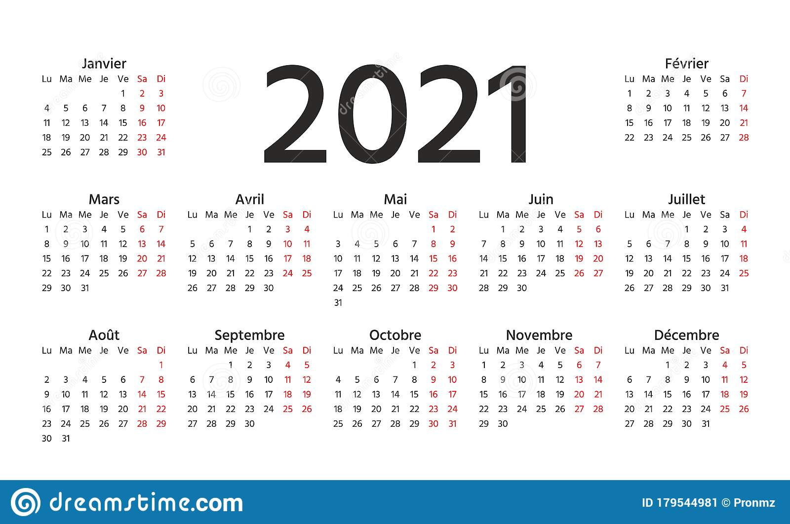 2021 French Calendar Vector Illustration Template Year