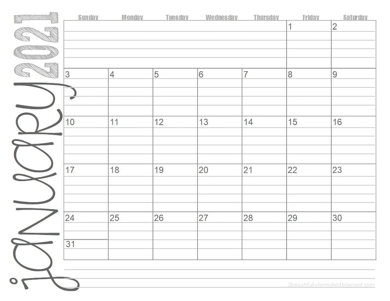 2021 Lined Monthly Calendars Landscape Full Year Printable 1