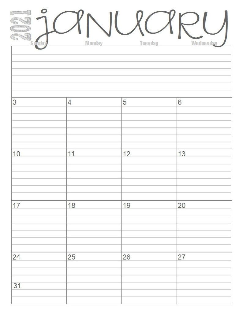 2021 Monthly 2 Page Lined Calendars Full Year Printable Etsy