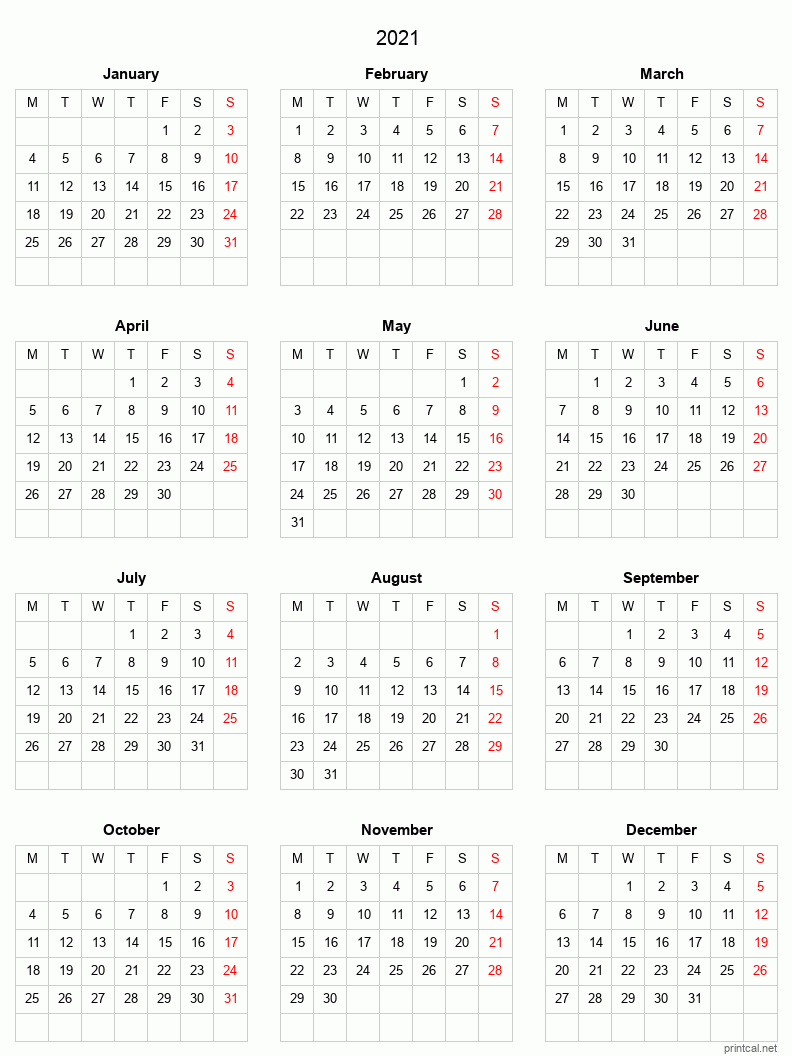 2021 Printable Calendar Full Year Calendar Grid Style
