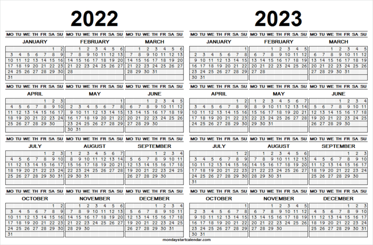 2022 2023 printable calendar with holidays two year calendar