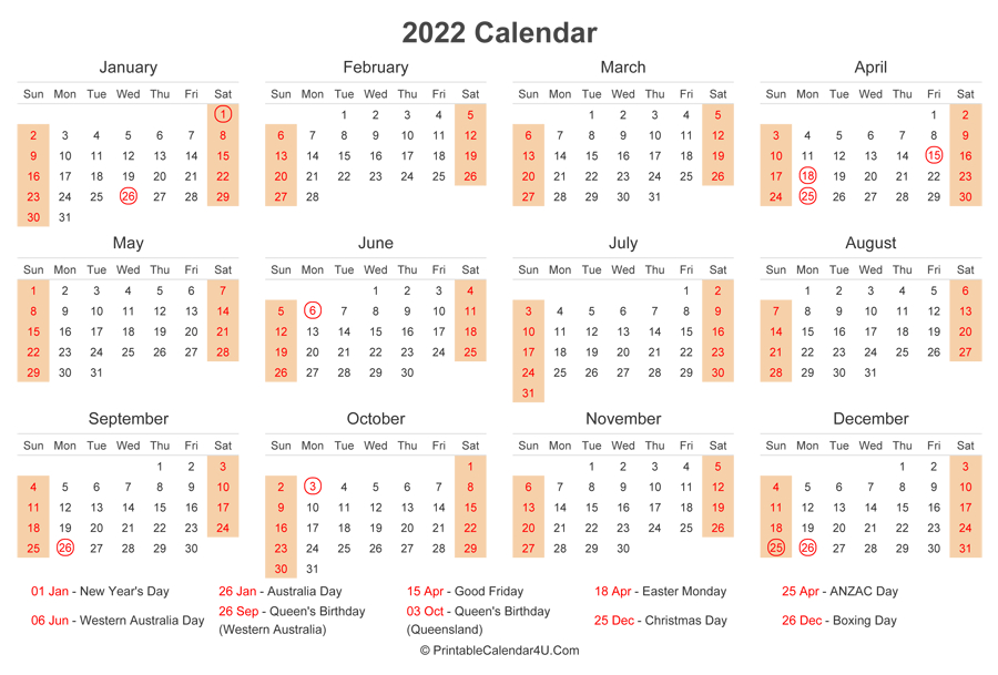 2022 Calendar With Australia Holidays At Bottom Landscape
