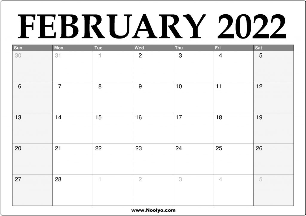 2022 February Calendar Printable Download Free Noolyo