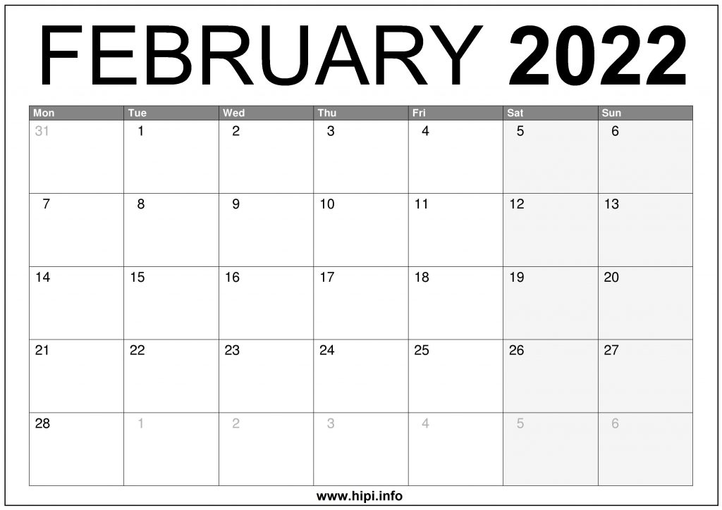 2022 February Calendar Us Printable Hipi