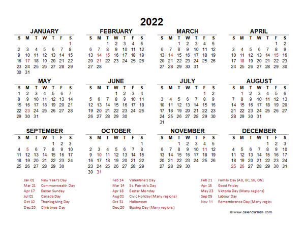 2022 Year At A Glance Calendar With Canada Holidays Free