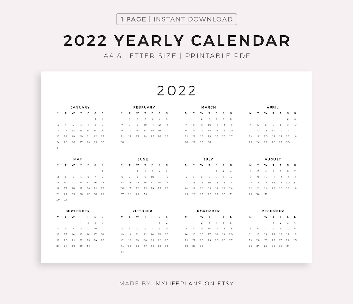 2022 year calendar printable landscape minimalist calendar
